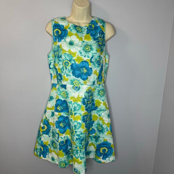 Sail to Sable Flower Basketweave Flit & Flare Mini Dress Linen Blend Blue Sz 6 - Picture 2 of 16